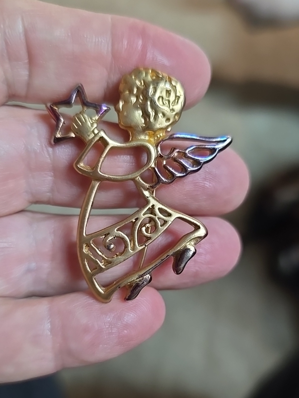 Gold Tone Angel Brooch with Star